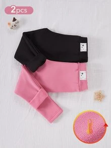 SHEIN 秋冬女童加厚保暖內裡一體式緊身褲，黑色與粉色甜美可愛小貓印花，百搭柔軟舒適，2件組，可作內搭或外穿 - 彩色 - 查看 4