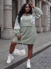 Slaydiva Plus Size Satin Floral Patchwork Hooded Anorak Jacket, Loose Plus Size Outer Coat Fall - Green - View 6