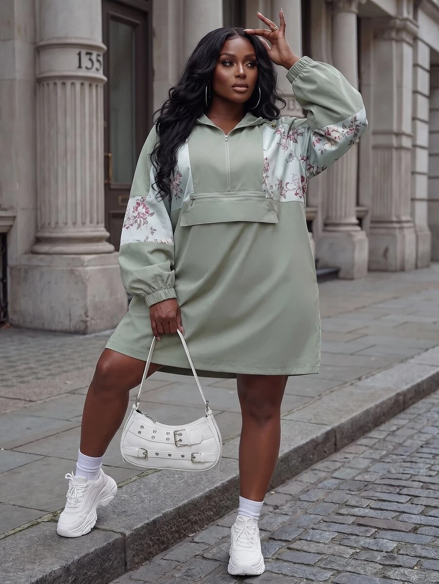 Slaydiva Plus Size Satin Floral Patchwork Hooded Anorak Jacket, Loose Plus Size Outer Coat Fall Homewear Travel Olive Green Casual Baggy