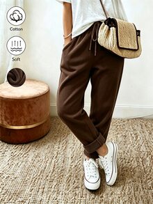 SHEIN Maillard Coffee Brown Thickened Casual Sweatpants For Women, Drawstring Waist, Pockets, Cuffed Hem, Loose Straight Leg Long Pants - Brown - View 3