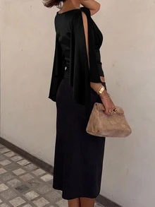 Siren Gaze 女款純色深V領喇叭袖百褶性感襯衫，適合夜晚外出、晚餐約會，秋季穿搭 - 黑色 - 查看 2