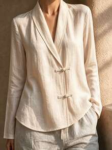 EMERY ROSE Women's Plus Size Casual Solid Color Shirt, Designed Lapel Collar, Frog Button Decoration, Long Sleeve Shirt, Suitable For Autumn/Winter Casual Outings, Travel, Work Commute, Versatile Styling - Apricot - View 1
