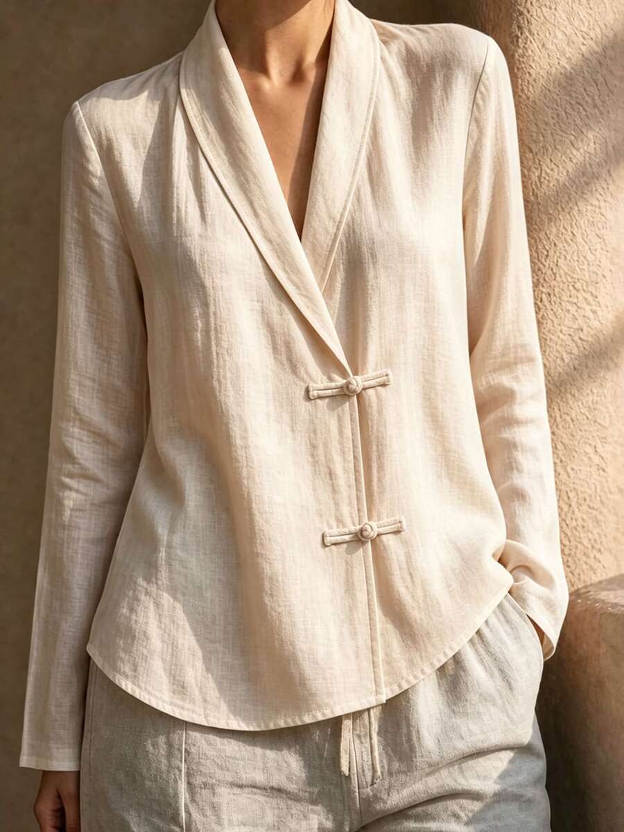 EMERY ROSE Women's Plus Size Casual Solid Color Shirt, Designed Lapel Collar, Frog Button Decoration, Long Sleeve Shirt, Suitable For Autumn/Winter Casual Outings, Travel, Work Commute, Versatile Styling - Apricot - View 1