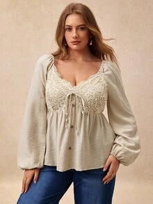 Écloséra Curve Plus Size Women's Fall/ Fashion Romantic Elegant Casual Comfortable Daily Shirt With Chest Floral Patch Party Date Night Grey - Apricot - View 5