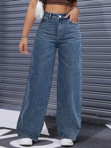 SHEIN PETITE Women's Minimalist Casual Zip-Fly Loose Straight Leg Denim Jeans,Fall/Winter,New Year Outfit ,Petite Women - Dark Wash - View 5