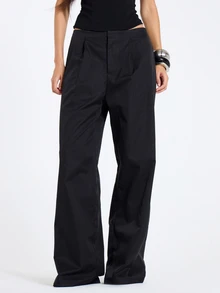 MUSERA Black Low Rise Pleated Trousers Fall Winter Women Outfit Casual - Black - View 2