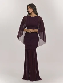 SHEIN Tall 女款優雅網紗拼接收腰派對洋裝 - 紫色 - 查看 5