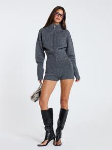 MUSERA Grey Knitted High Neck Zip Up Cardigan Jacket Fall Winter Women Outfit Casual - Dark Grey - View 4
