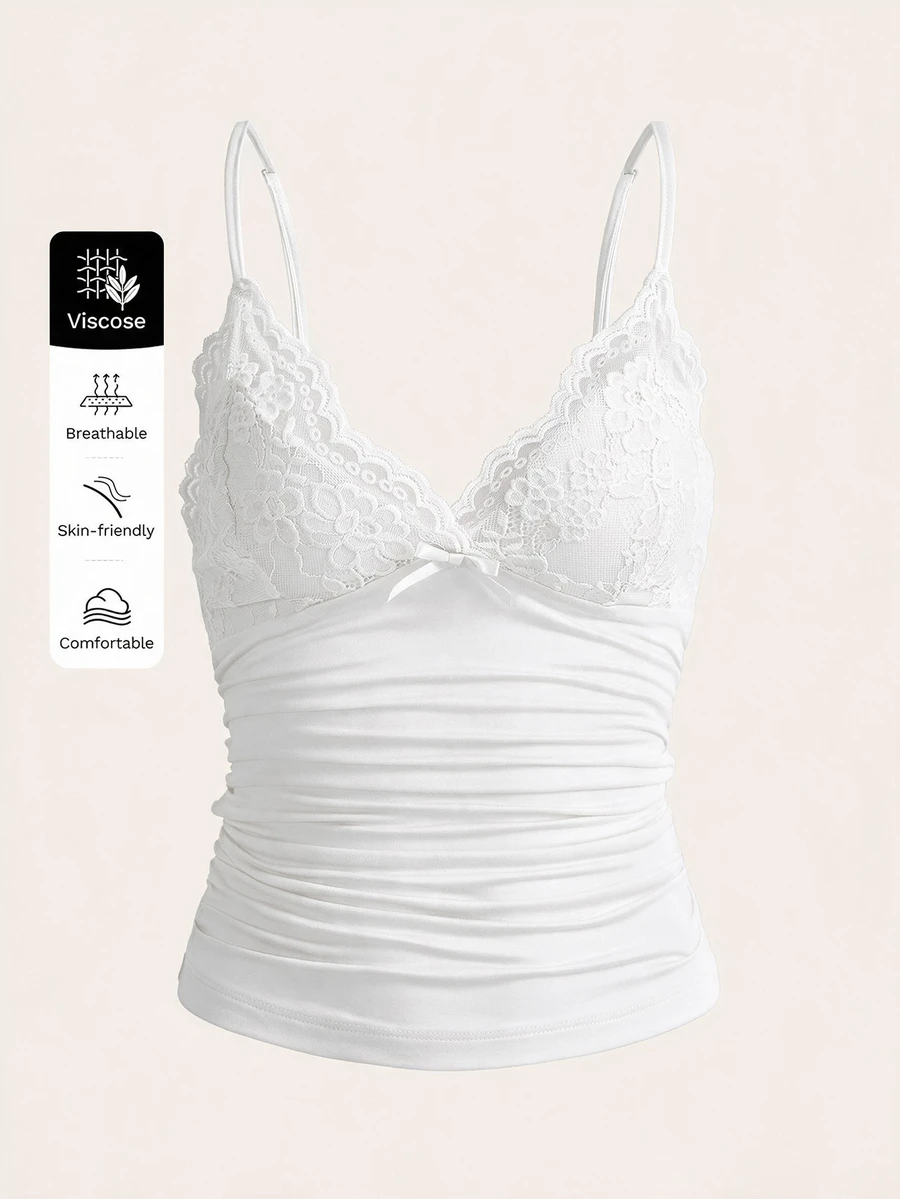 SHEIN ICON 對比色蕾絲抓皺 Y2K 細肩帶背心上衣 - 白色 - 查看 1