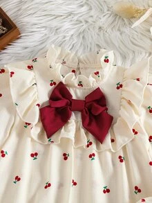 SHEIN Young Girl Young Girl Young Girl Woven Solid Color Cherry Print Ruffle Hem 3D Contrast Color Bow Dress - Apricot - View 6