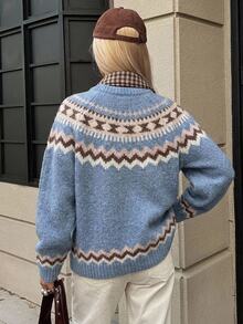DAZY Women's Blue Round Neck Jacquard Geometric Pattern Loose Drop Shoulder Long Sleeve Pullover Vintage Style Sweater - Blue - View 2