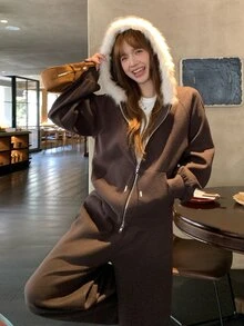 DAZY Women's Solid Color Long Sleeve 2 Pieces Set, Autumn/Winter - Coffee Brown - View 8