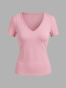 SHEIN EZwear 3件組女款素色V領短袖休閒T恤 - 彩色 - 查看 6