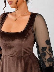 Elenzga Women's Plus Size Square Neck Solid Color Mesh Patchwork Embroidered Long Sleeve Cinched Waist Full Skirt Elegant Dress - Brown - View 8