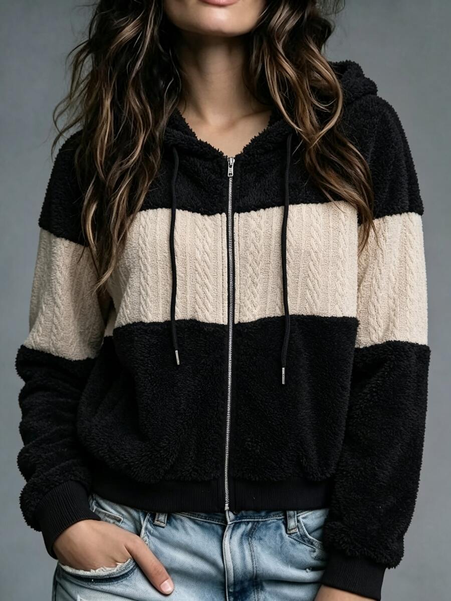 Yalmera Women's Autumn/Winter New Casual Basic Textured Fabric Colorblock Hooded Jacket - Black - View 1