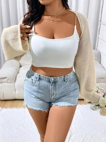 Sweetra 女款純色喇叭袖短版開襟衫 大尺碼 - 杏色 - 查看 6