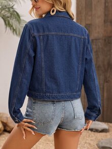 SHEIN 大尺碼女款夾克，白色休閒日常百搭度假外套 - 深色水洗藍 - 查看 2