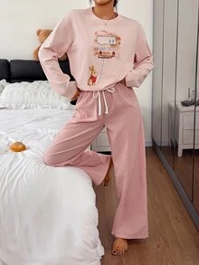 DAZY Cartoon Bunny Pattern Long-Sleeved T-Shirt And Straight-Leg Plaid Pajama Pants 2-Piece Women's Pajama Set - Pink - View 5
