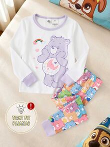 SHEIN X Care Bears GraphicGems 2件組秋冬少女聯名可愛卡通彩色彩虹熊印花柔軟舒適貼身高彈薄款圓領套頭長袖長褲家居服套裝 - 紫色 - 查看 1