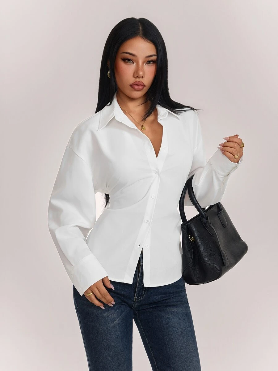 SHEIN PETITE 女款法庭風燈籠袖後綁帶收腰長袖襯衫 - 白色 - 查看 1