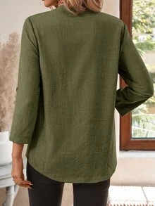EMERY ROSE Women's Spring All-Over Print Notch Collar 3/4 Sleeve Work Shirt - Dark Green - View 2