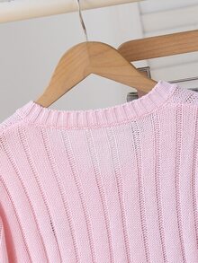 SHEIN 青少年女孩粉色騎士刺繡麻花編織V領毛衣，學院風，適合秋冬穿著 - 粉色 - 查看 5