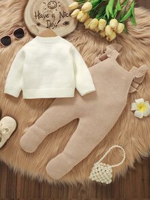 SHEIN 新生兒 3D 花朵裝飾長袖上衣與針織長褲套裝 - 駝色 - 查看 2