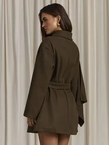Aloruh Women's Elegant Business Commute Coffee Wool Cape Coat, Scarf Collar Long Sleeve Jacket, Brown Solid Color - Coffee Brown - View 2