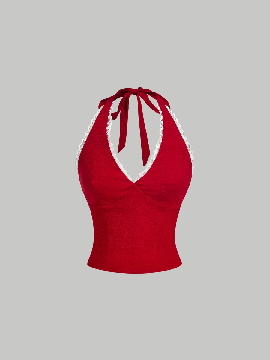 SHEIN MOD 女款對比色蕾絲V領時尚掛脖上衣 - 紅色 - 查看 1