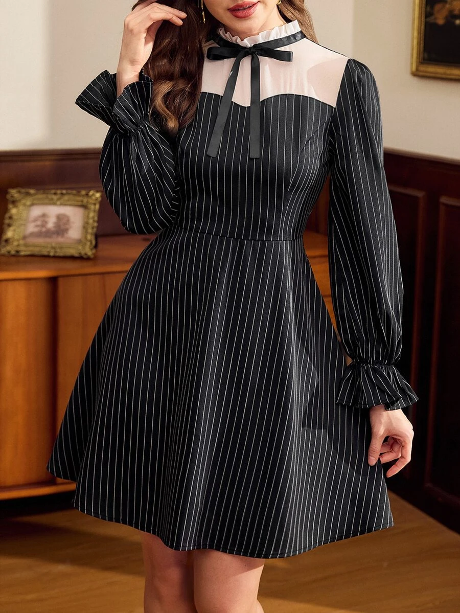 Vintamour Women's Bow Decor Patchwork Striped Ruffle Cuff Elegant Short Dress - Black - View 1