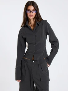 MUSERA قميص أسود بأكمام طويلة ضيق بأزرار خريف وشتاء ملابس نسائية كاجوال - رمادي غامق - مشاهدة 1
