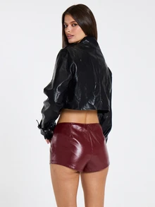 MUSERA Jaket Hitam PU dengan Detail Kerah Berkerut untuk Wanita, Pakaian Kasual Musim Gugur dan Musim Dingin - Hitam - View 3