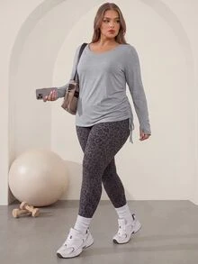 Easithlete تي شيرت رياضي بأكمام طويلة مقاس كبير من قماش جاكار مايا، بتصميم غير متماثل مع رباط جانبي واحد، علوي كاجوال رياضي عصري - رمادي - مشاهدة 2