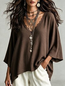 Linhara CURVE Women's Plus Size V-Neck Casual Blouse, Outing Top Fall - Brown - View 1