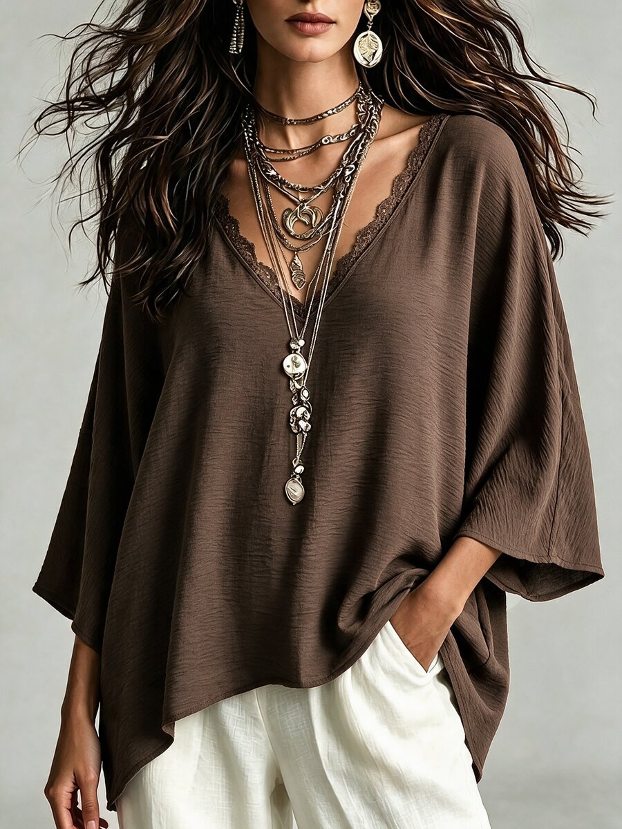 Linhara CURVE Women's Plus Size V-Neck Casual Blouse, Outing Top Fall - Brown - View 1