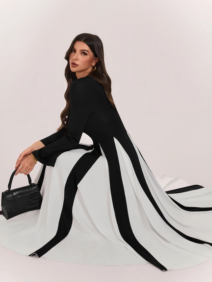 SHEIN Tall Elegant, Oversized, Long, And Wide Black-And-White Color-Block Dress For Tall Muslim Women. - Black - View 1