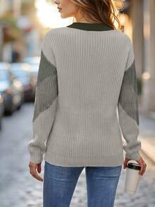 SHEIN 女款秋冬時尚拼色圓領收口長袖套頭毛衣，適合日常通勤、度假、約會、派對、休閒、購物 - 彩色 - 查看 4