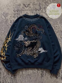 SHEIN EZwear 秋季新品個性化東方元素 Y2K 龍圖案女款字母印花長袖休閒套頭衛衣，適合日常通勤、約會、聚會、秋冬/夏季、派對、婚禮、海灘、畢業典禮等場合，優雅休閒，適合出遊、Y2K 風格、音樂節等場景 - 彩色 - 查看 3