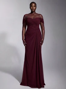Elitara Plus Size Elegant Romantic Lace Fabric Sweetheart Neckline Short Sleeve Fitted Computer Beaded Craft Pleated Oversized Skirt Suitable For All Formal Occasions Heavy Work Evening Gown - Burgundy - View 7