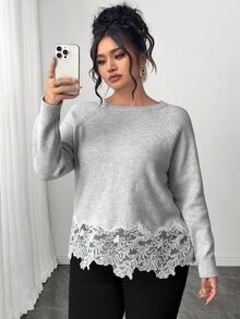 Elenzga Sweater Pullover Renda Elegan Pas Badan Ukuran Plus untuk Komuter - Grey - View 4