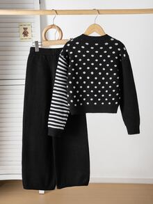 SHEIN Tween女孩 2件式針織套裝 波點拼接條紋長袖套頭毛衣 + 寬腿長褲套裝，時尚對比色設計 寬鬆版型兒童針織套裝 - 黑色 - 查看 2
