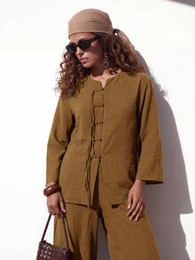 Zivah Women's Solid Color Long Sleeve Top And Pants Casual Daily Set - Mustard Yellow - View 3