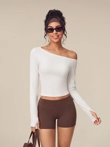 OutZeal Women Sports Tee Casual Studio Modal Slim Fit Off-Shoulder Long Sleeve T-Shirt - White - View 4