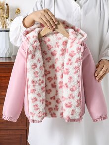 SHEIN 1pc Young Girl Winter Young Girl Young Girl New Pink Floral Thermal Lined Zipper With Elastic Waist And Hood, Thickened - Pink - View 1