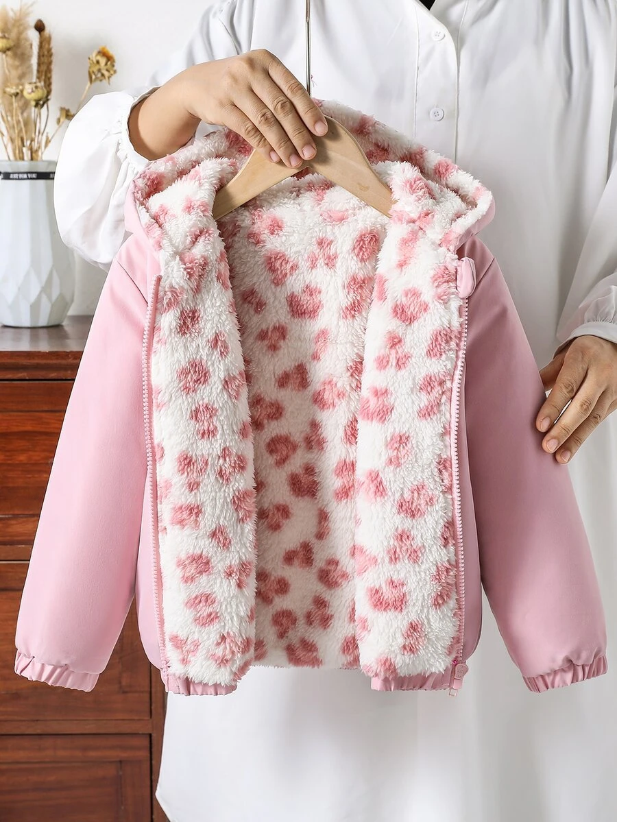 SHEIN 1pc Young Girl Winter Young Girl Young Girl New Pink Floral Thermal Lined Zipper With Elastic Waist And Hood, Thickened - Pink - View 1