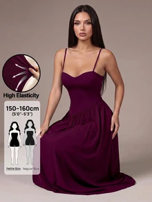 SHEIN PETITE 女款純色百褶優雅收腰派對細肩帶洋裝 - 紫色 - 查看 11