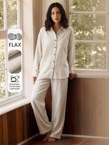 Livesso Women's Solid Color Single-Breasted Long Sleeve Top And Pants Casual Daily Loungewear Set - Beige - View 3