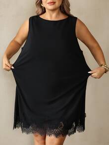 SHEIN CURVE+ Plus Size Women's Black Lace Patchwork Sleeveless Dress, Autumn/Winter - Black - View 4