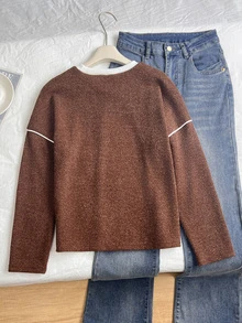 SHEIN Girls' Colorblock Horizontal Striped Long Sleeve T-Shirt, Pink, Coffee, Beige Three-Color Patchwork Round Neck Drop Shoulder Loose Oversize Lazy Pullover Top, Preppy Style Spring Autumn Daily Casual Outing Base Layer T-Shirt - Brown - View 2