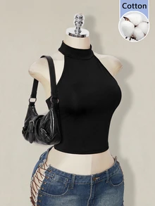SHEIN ICON 女款純色修身百搭日常穿著掛脖式T恤 - 黑色 - 查看 5